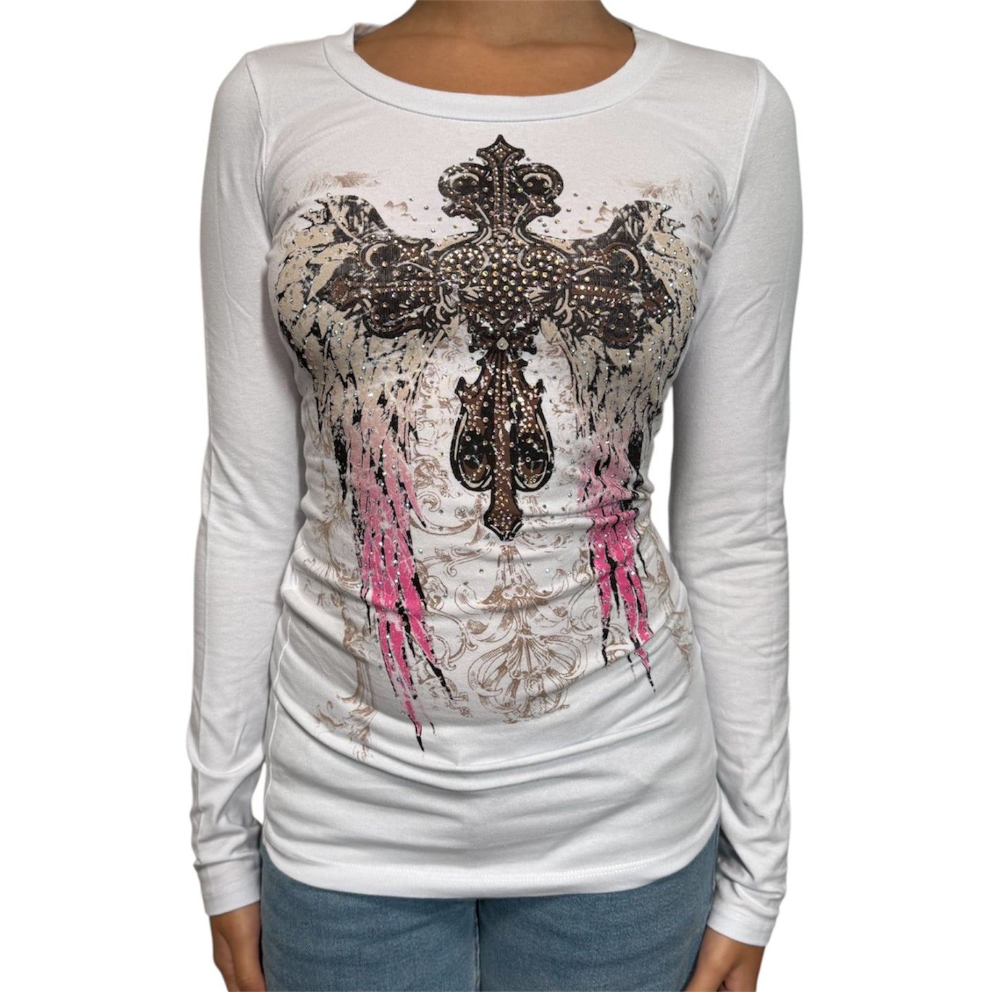 Angela Rhinestone Long Sleeve White