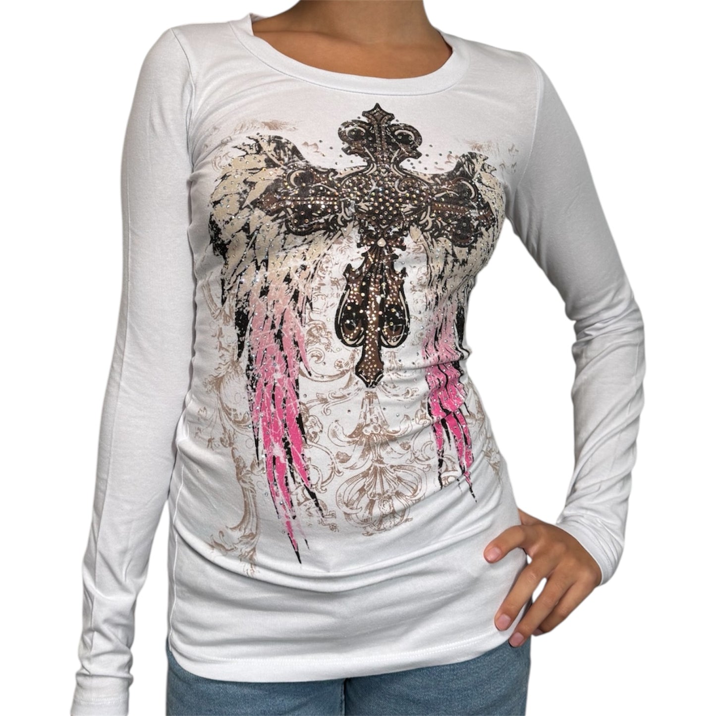 Angela Rhinestone Long Sleeve White
