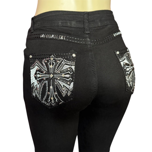 Bella Rhinestone Flared Black Jeans